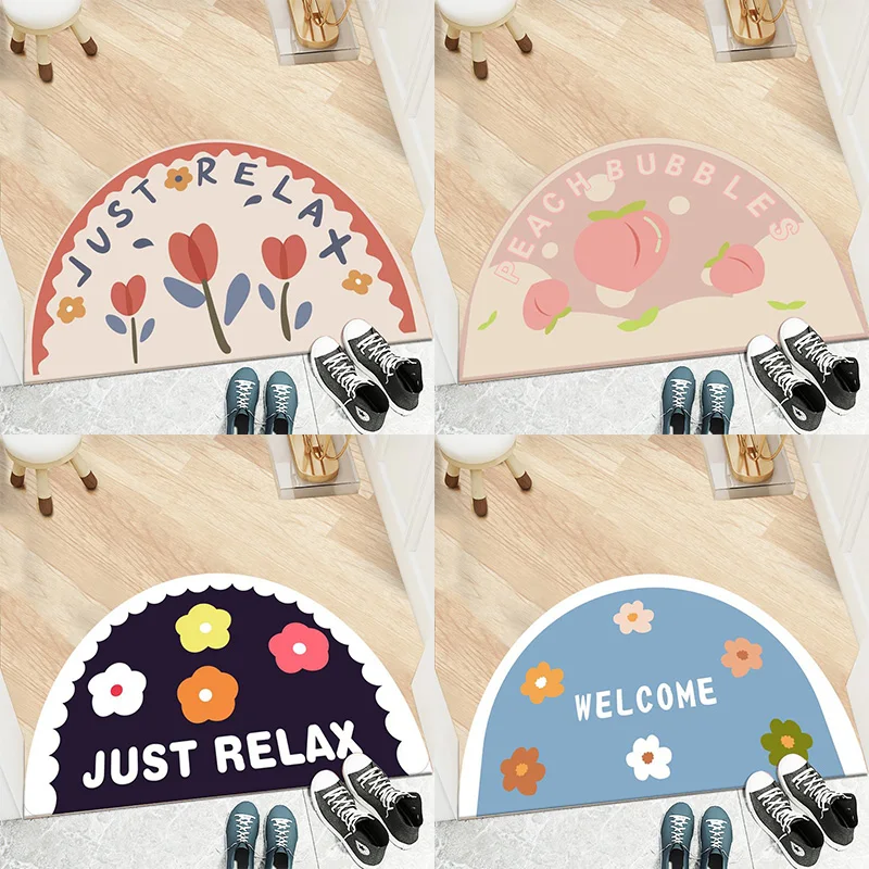 

Cartoon Floor Mat Nonslip Bathroom Kitchen Door Mat Modern Fashion Multicolor Flower Semicircle Bath Floor Mat
