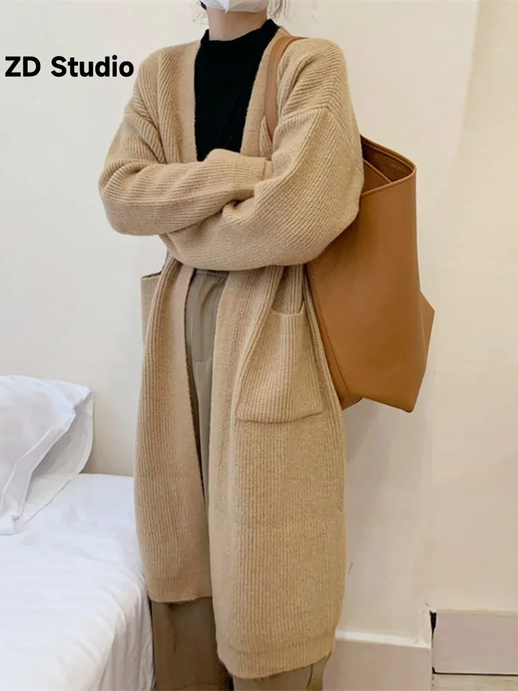

[ZD Studio] Buckleless Pocket Medium Long Knitted Cardigan For Women In Autumn Winter New Style Lazy Sweater Women's Coat Looks