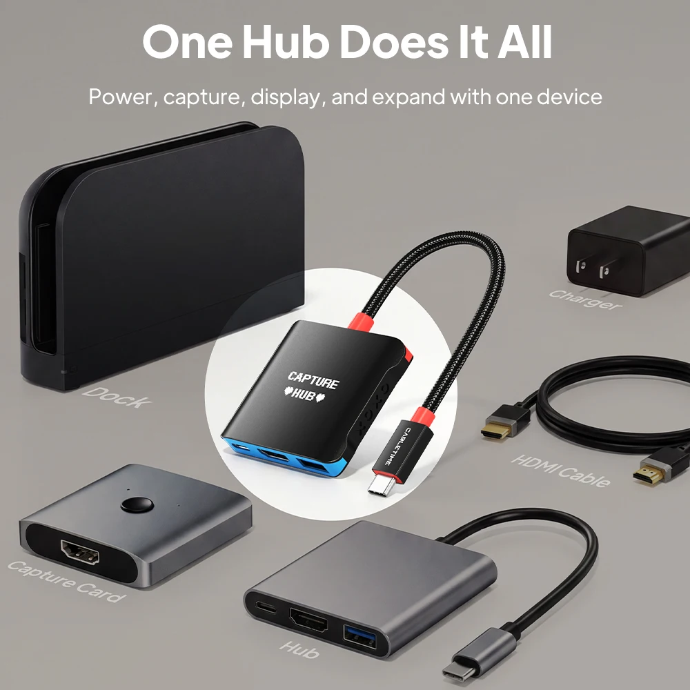 Фото CABLETIME USB-C хаб 5-в-1 с картой захвата видео, выходом 5 Гбит/с на ТВ, записью видео 1080P@60Hz, док-станция USB-C для MacBook, Switch 1/2, OLED-ноутбуков №4