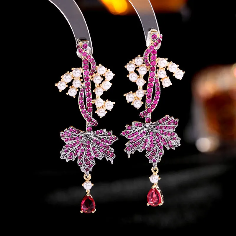 

Net Red Temperament 925 Silver Needle Earrings for Women Fashion New Imitation Pearl Water Drop Vine Grape Leaf Earrings