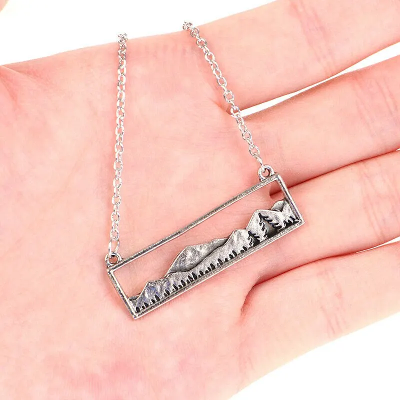 

Mountain Range Pine Trees Pendant Necklace Landscape Jewelry Christmas
