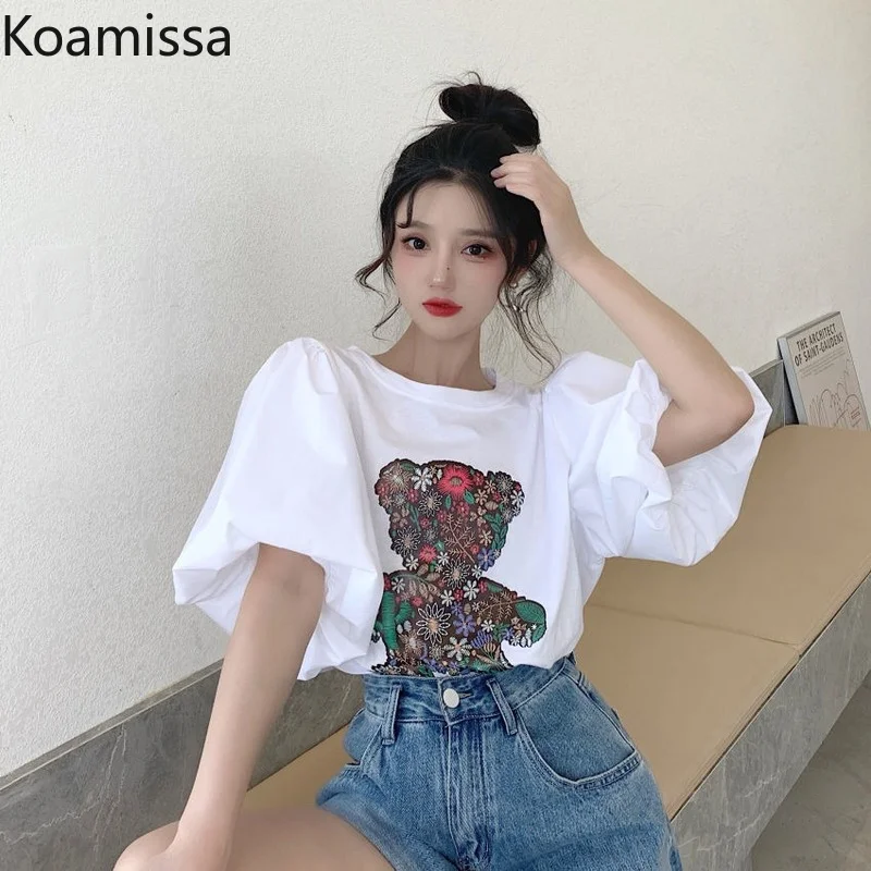 

Koamissa Short-sleeved Women's Summer T-shirt Sweet Student Korean Loose Tops Lantern Sleeves Cartoon White Tshirts Dropshipping