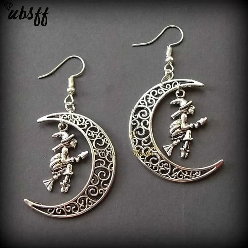 

Flying Witch Crescent Moon Earrings,Hollow Moon Earrings, Gothic Vampire Witch Earrings, Halloween Earrings,Witch Jewellery