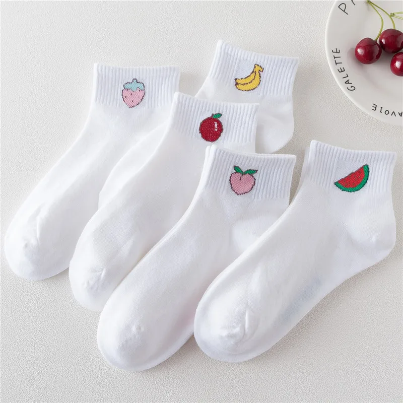 

Women Girls White Fruit Cotton Socks Banana Strawberry Cherry Apple Peach Watermelon Pineapple Spring Summer Casual Cute Socks