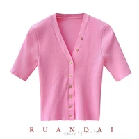 solid color button design short sleeve top for ruandai 2022 summer new v neck short slim fit knit cardigan women