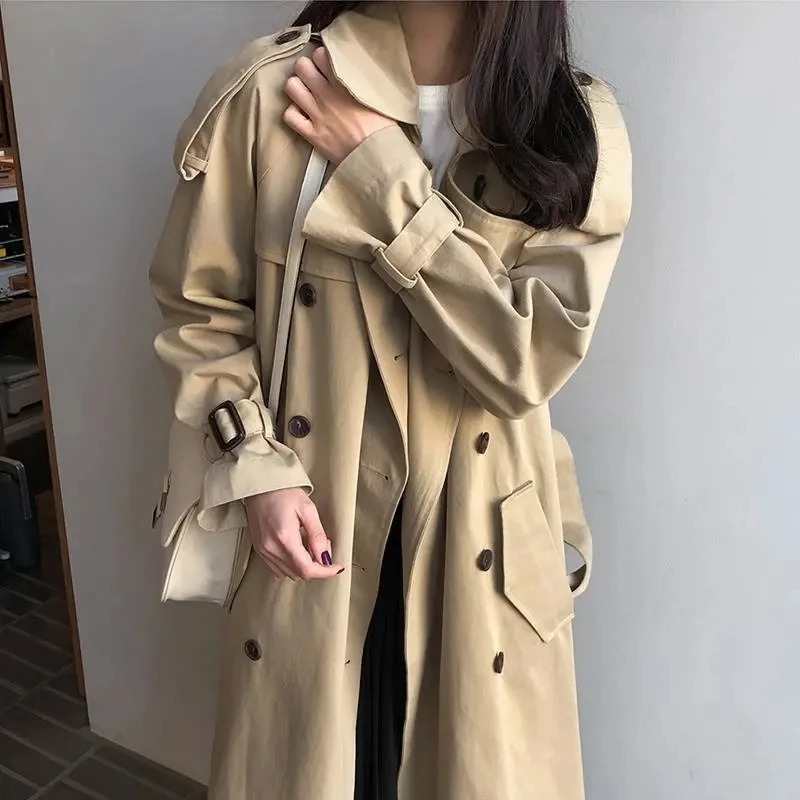 

Autumn Winter Women Turn-down Collar Double Breasted Trench Office Lady Casual Solid Khaki Belt Elegant Loose Lady Long Trenchs