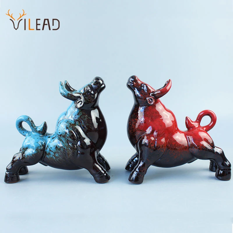 

VILEAD Wall Street Bull Art Figurines Ceramic Animal Statue Crafts Feng Shui Wealth Ox Cattle Sculpture Home Office Decoration