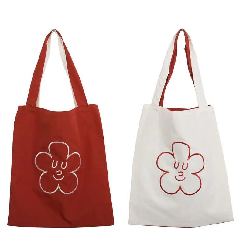 

1 Pc Women Embroidery Flower Shoulder Bag Double-sided Use Large Female Student Bag Casual Female Reusable Tote Shopping Bag