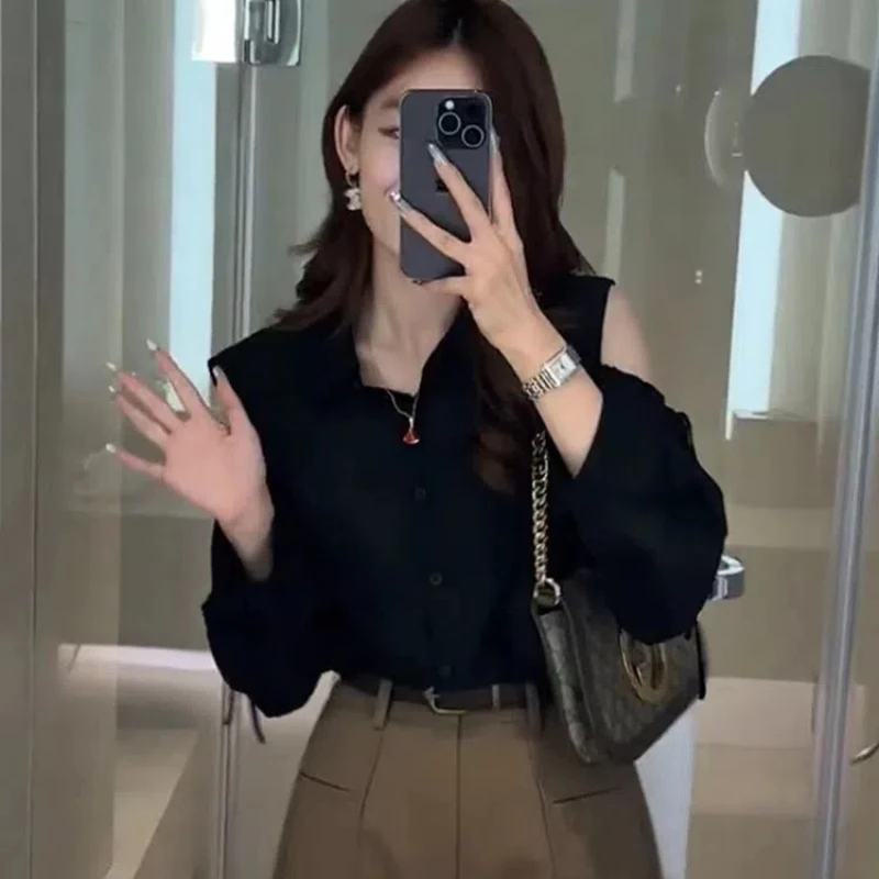 Женская рубашка-поло с длинным рукавом открытыми плечами