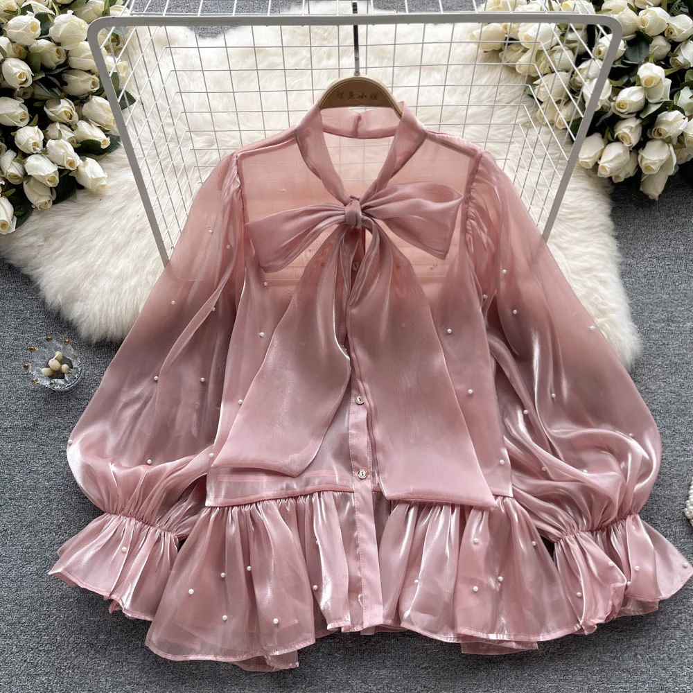 

New Autumn Blouse Beading Bow Shirts Women Single Breasted Shirt Tops Female Casual Blouses Lantern Sleeve Blusas Dropshipping
