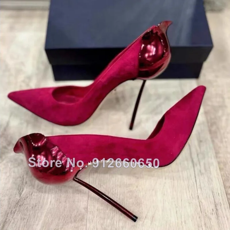 Flower Heel Silk Pumps Red Silver Crystal Pumps Back Heel Slip On Stilettos High Heel Women Shoes Fashion Shiny Shoes For Women