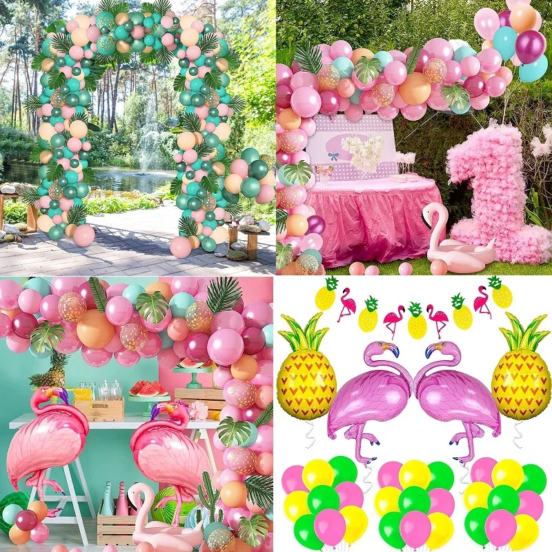 Tropical flamingo coconut tree green red pink balloon garland arch set with palm leaves hawaii beach party baby shower decoratio