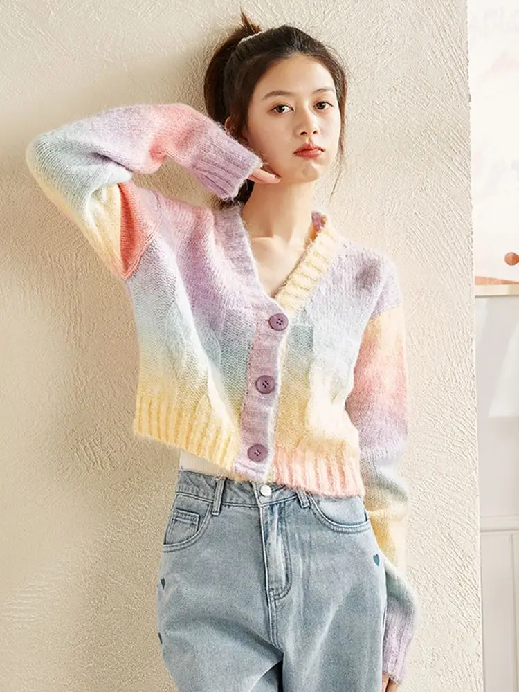 

Свитера в стиле преппи с V-образным вырезом и длинными рукавами, однобортный весенне-осенний кардиган, милая Радужная Повседневная Свободна...