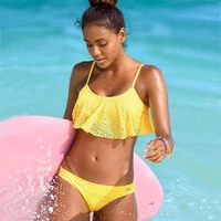 yellowblackwhiteredgreen solid bikini set sexy low waist mesh beach swimwear women lace up flounce summer brazilian swimsuit