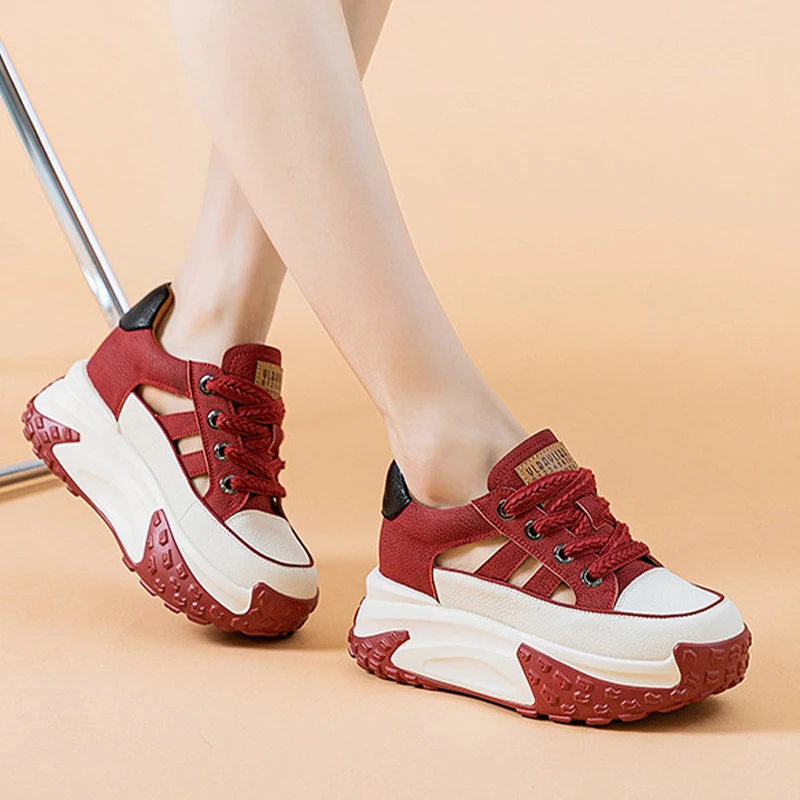 Hollow Chunky Sneakers Fashion 7cm Genuine Leather Women Vulcanize Sandles New Female Summer  Comfy Lace Up Fashion Ladies Shoes