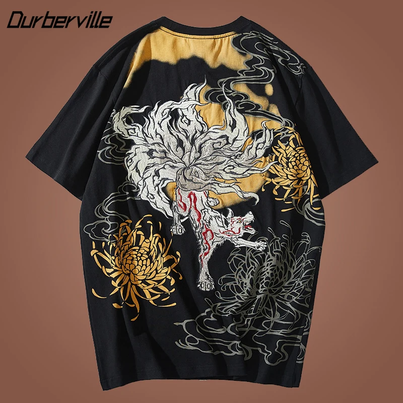 

Men's Short Sleeved T-Shirt 2022 Anime Fox Embroidered Tshirt Men Japanese Trendy Harajuku Brand Yokosuka Sukajan Tops