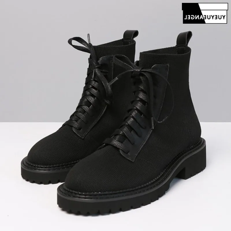 

Winter Vintage Boots Women Luxury Lace Up Stretch Motorcycle Ankle Shoes Female New Designer Gothic Hip Hop Flat Riding Boots
