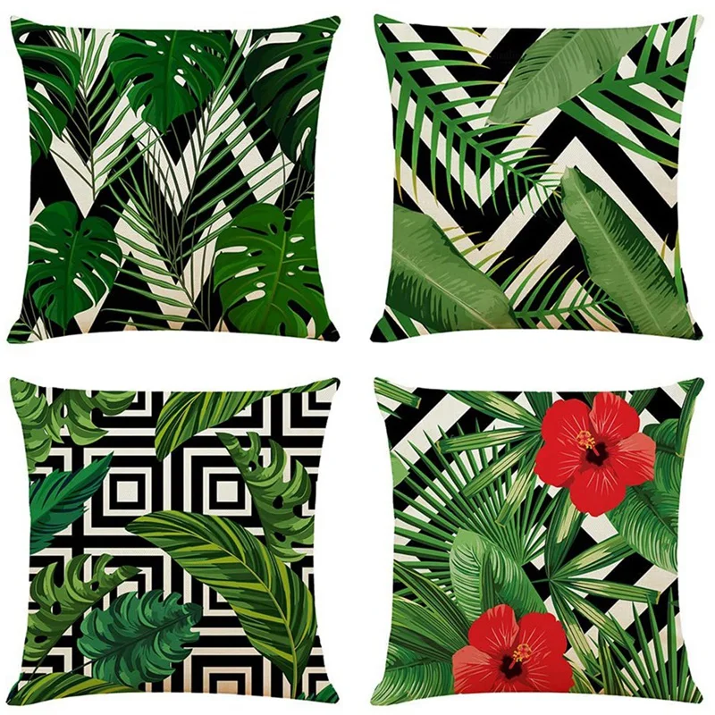 

Green Leaf Geometric Cushion Covers Decorative Linen Square Throw Pillow Cases Tropical Plant Pillowcase For Sofa