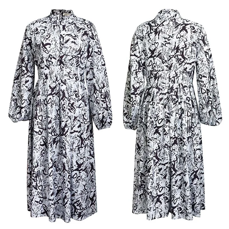 Spring Summer Stand Collar Letter Printing A-line Skirt Fashion Plus Size Puff Long Sleeve Mid Waist Loose Ankle-Length Dresses