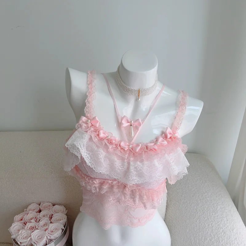 

Lolita Style Crop Top Women Summer Bows Decoration Lace Trim Cute Slim Cropped for Sweet Girl Kawaii Clothes