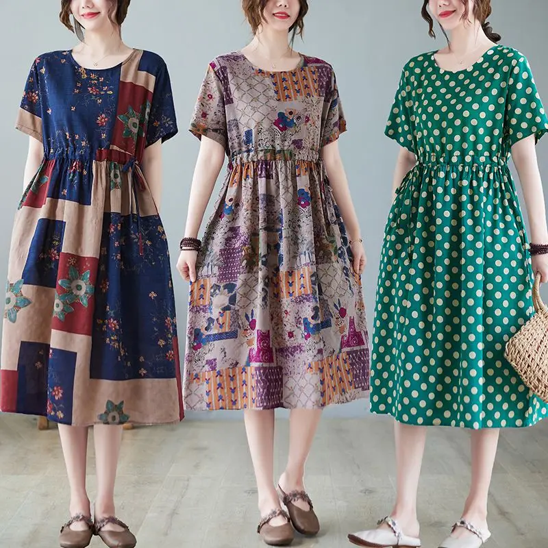 

Women's Summer Dress 2022 New Vintage Print Short Sleeve Cotton Linen Thin High Waist Belt Pattern Dresses Dropshipping