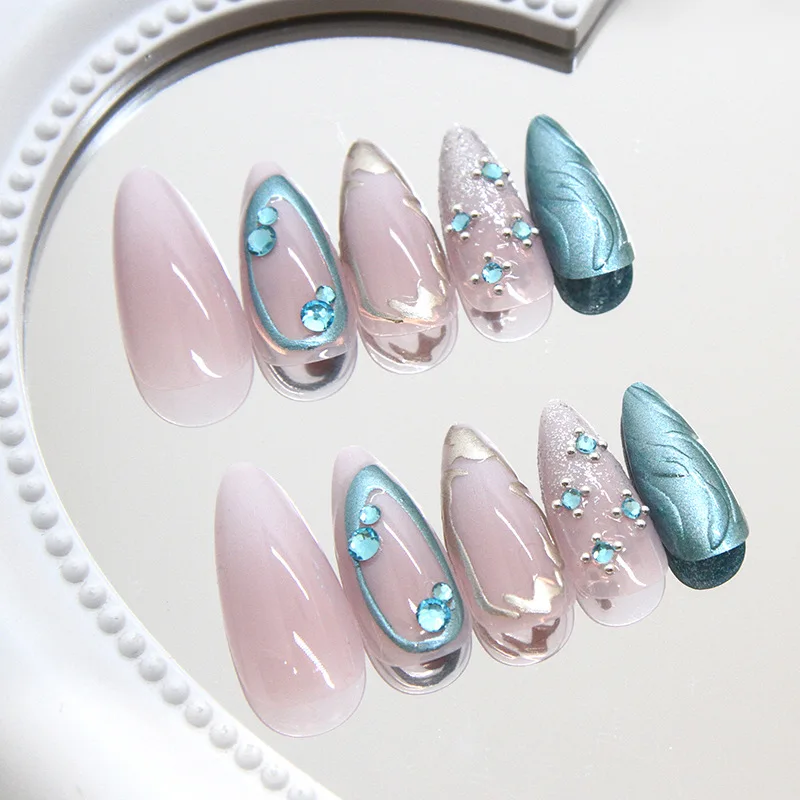 High Quality Fake Nails New Blue Glitter With Diamonds French Ballerina Almond False Full Cover Press on Tips