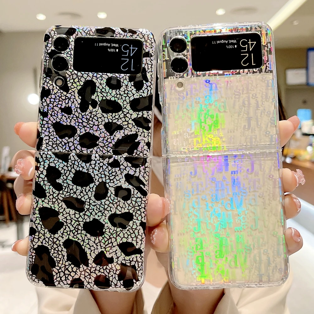 

Z Flip3 Silicone Case on for Samsung Galaxy Z Flip 3 5G Cases Fashion Ultra-thin Laser Leopard Print Letter ZFlip 3 Phone Cover