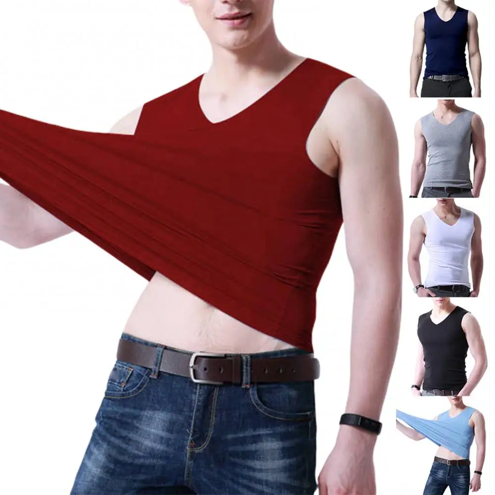 

Vest Top Tank Top Men Plus Size Sporty Sleeveless Solid Color V Neck Slim Seamless Tank Top