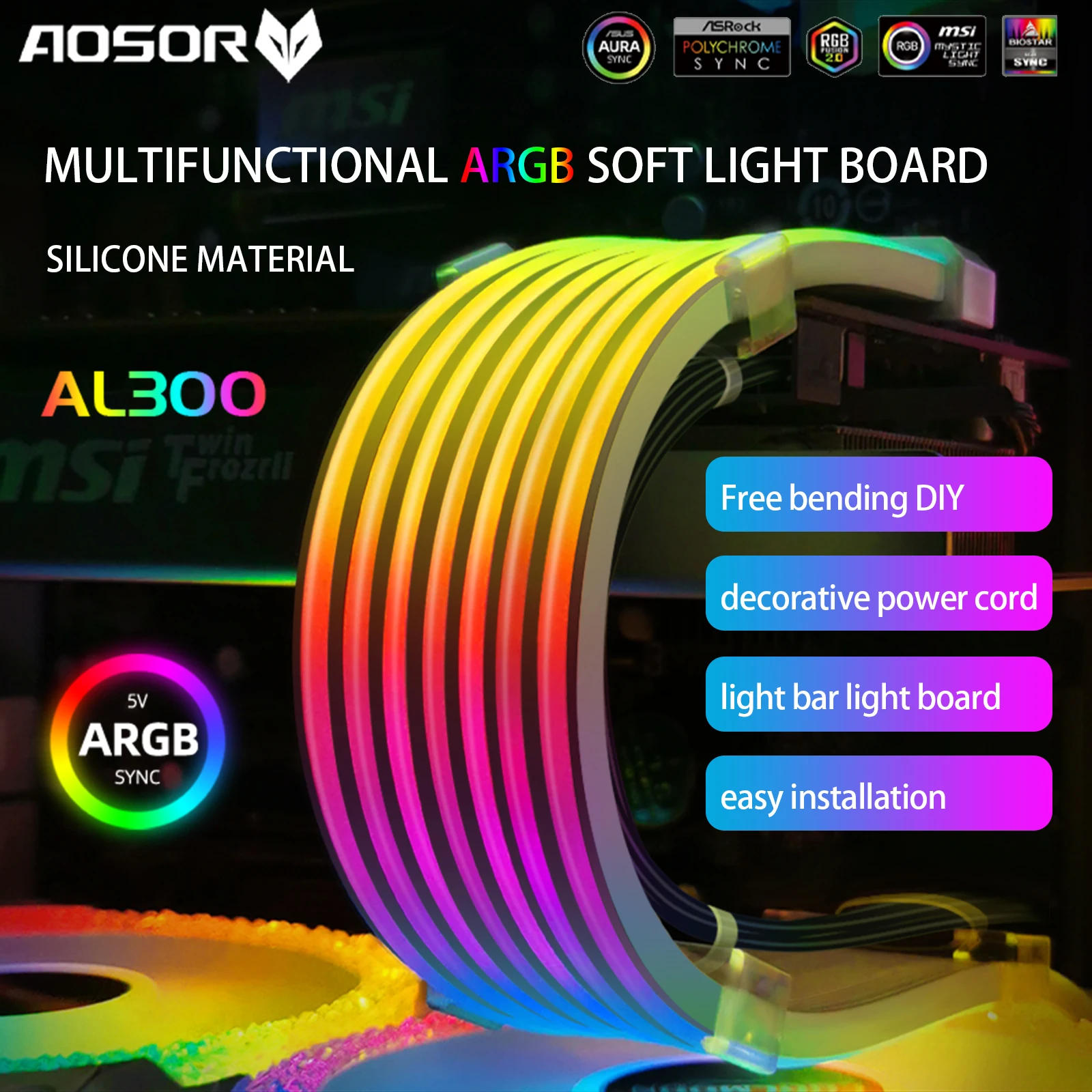

COOLMOON AOSOR Lamp Tape PC Backlight Flexible Mounting Light 5V ARGB Aura Sync Flexible Light Bar Bendable for 8P Graphics Card