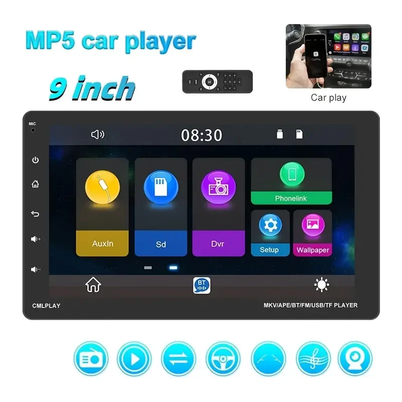 

9" 1DIN Car Stereo, MP5 Radio CarPlay Touch Screen FM USB AUX SD