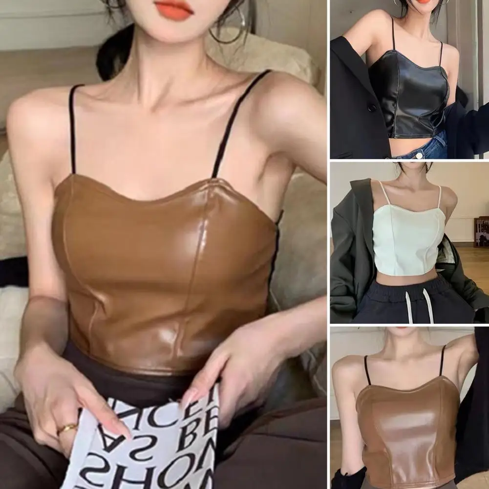 

Padded Sleeveless Elastic Back Exposed Navel Suspender Top Faux Leather Sling Women Sexy Camisole Club Wear