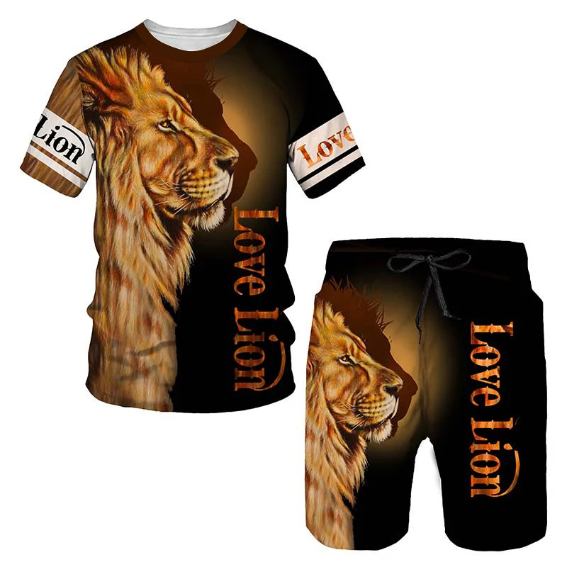 Fashion 3D Lion PrintedPrinted 's Tracksuit 2 Piece Suit Summer T Shirt Set for Casual Men Clothing O-neck Oversized Sportswear
