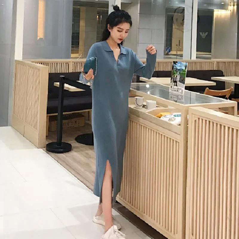 

Elegant Casual Knitted Sweater Dress Women Long Sleeve Split Long Midi Dress Autumn Winter Vintage V-Neck Loose Party Dress