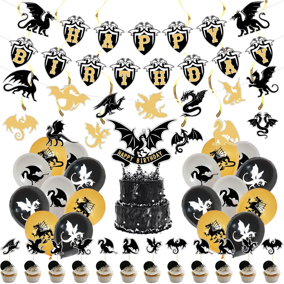 39Pcs/set The Magic Dragon Birthday Party Decoration Supplies Banner Cake Topper Spiral Ornament Baby Shower Balloon Kids Favors