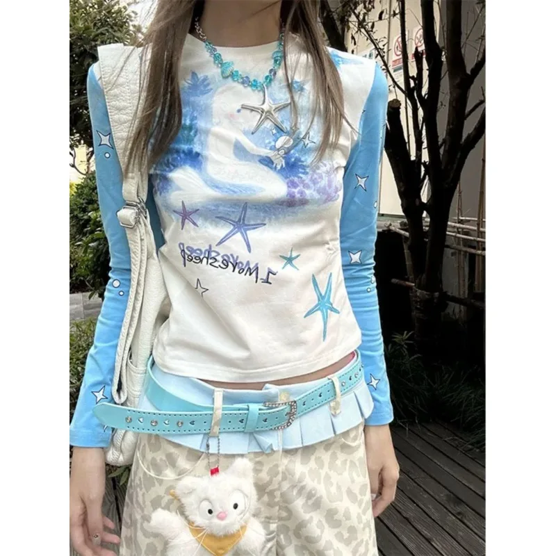 Футболка женская с круглым вырезом длинным рукавом и принтом морской звезды