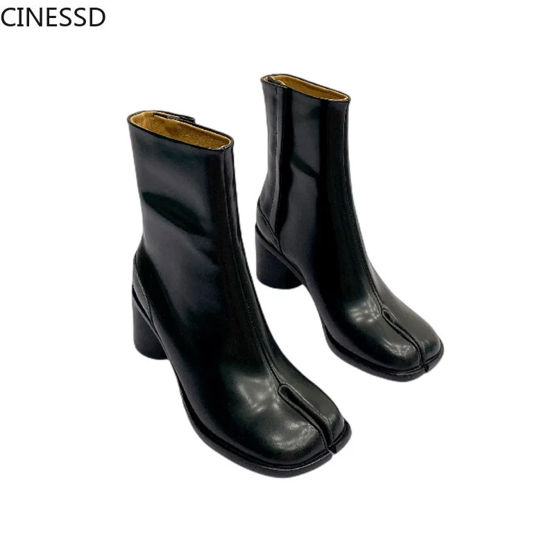 

Split Toe Platform Boots Real Cow Leather Ninja Ti Ankle Boots MM6 Genuine Leather Woman Mens Round High Heels Shoes