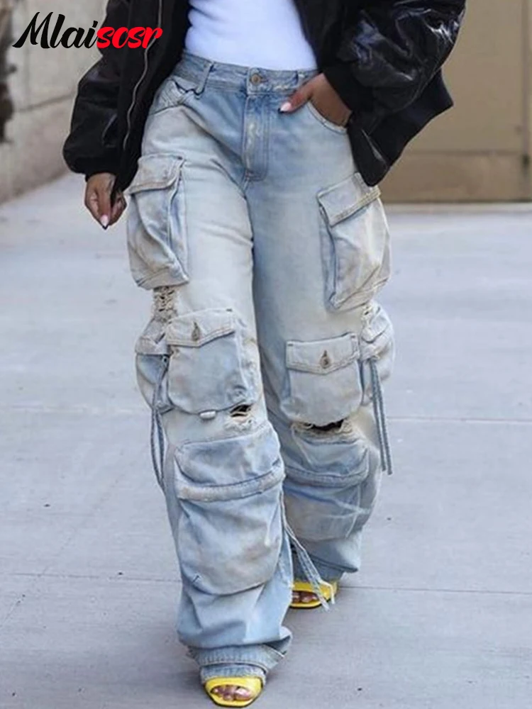Винтажные джинсовые штаны Mlaiscsr с несколькими карманами розовые широкие женские
