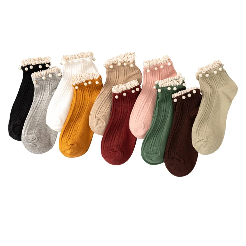 

Новинка 2023, весенне-осенние женские носки, 1 пара, милые модные повседневные универсальные кружевные носки до щиколотки с японским жемчугом