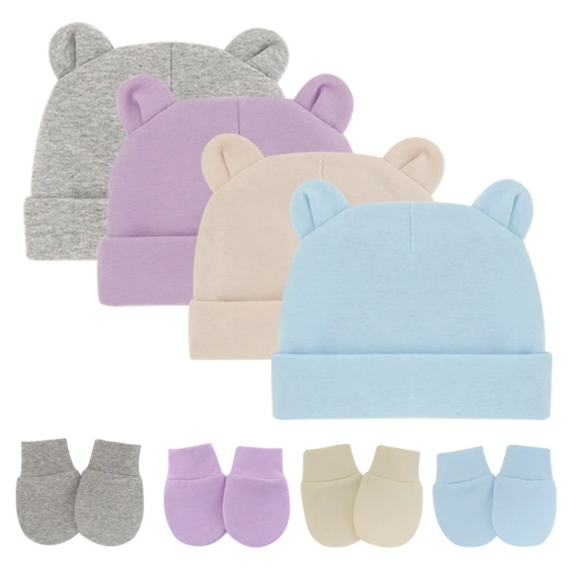 

Newborn Baby Cotton Beanies Hospital Hat and Mittens Set Solid Candy Color Stretchy Infant Warm Cap Gloves 0-1 Years Old