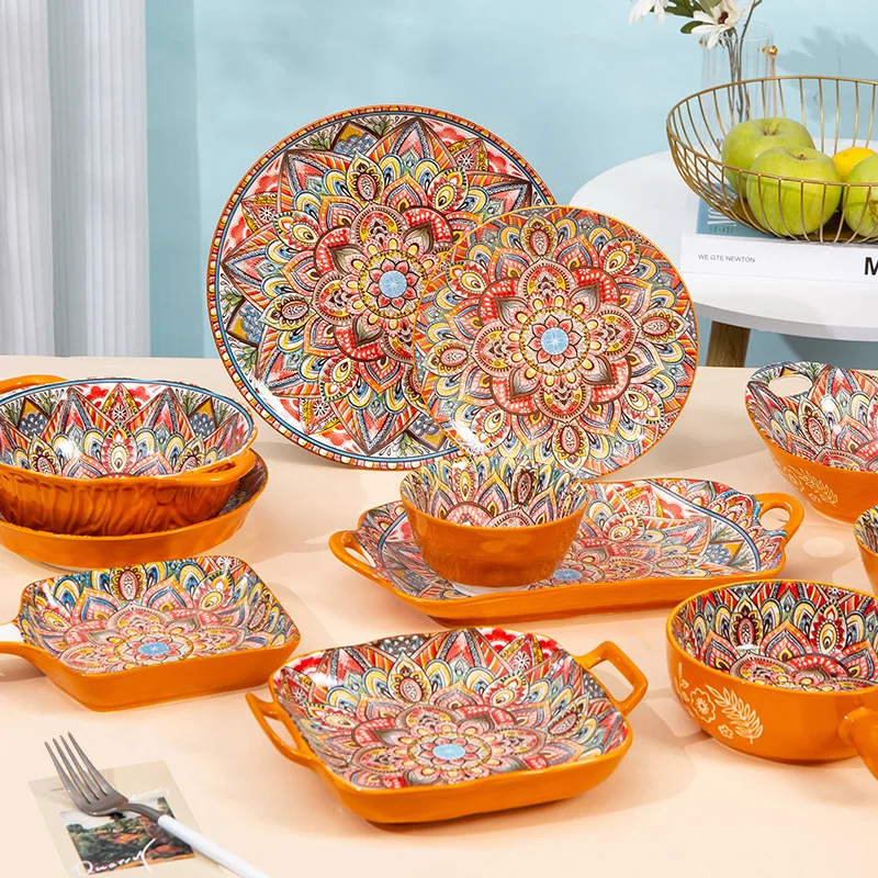 

Western Food Plate Ceramic Soup Bowls Nordic Retro Dishes Ceramic Fruit Format Bowl Household Colored Glazed Bowls and Plates
