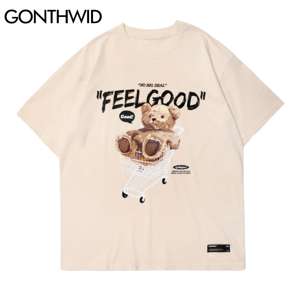 

Short Sleeve Tees Harajuku Streetwear Toy Bear Shopping Cart Print T-Shirts Cotton Casual Hip Hop Loose Tshirts Tops