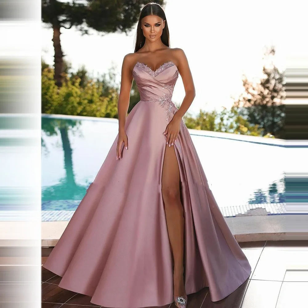 

A-line Pink Evening Formal Dress Sweethearts Lace Applique Beads Slit Satin Prom Celebrity Gowns New Customed Robe De Soiree