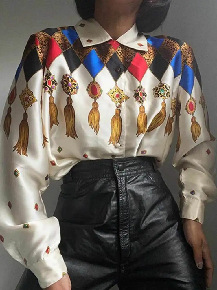 

VONDA винтажная женская летняя Элегантная блузка с отложным воротником и принтом на пуговицах для Вечерние Повседневная Блузка с длинным рук...