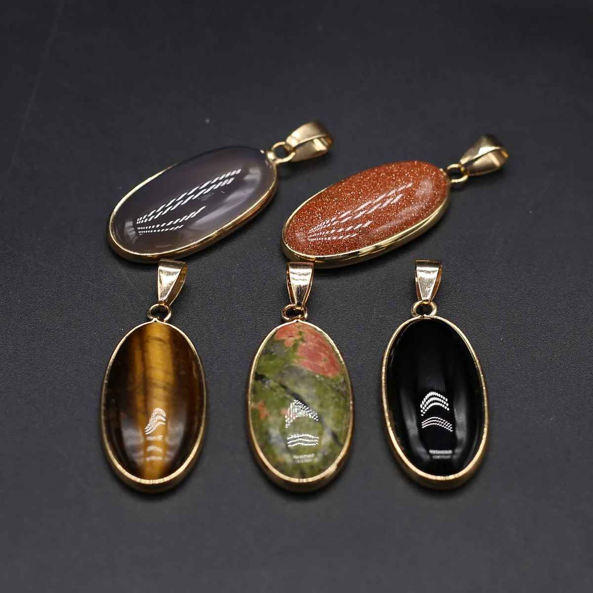 

Natural Gold Sand Stone Pendant Oval Shape Natural Black Agates Pendant Charms for Women Making DIY Jewerly Necklace 16x43mm