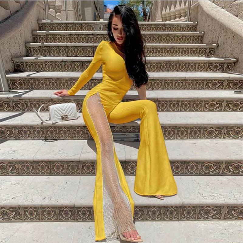 Women's Autumn and Winter One-shoulder Sexy Mesh Hollow Stitching Mid-length Tight-fitting Flared Loose Solid Color Jumpsuit