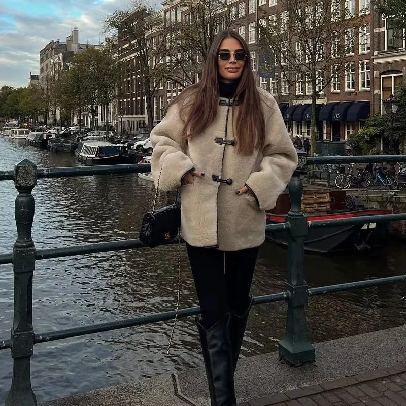 Ardm Vintage Faux Fur O-Neck Jacket Long Sleeve Tops Casual Winter Coat Women Retro New In Outwears Chic Tops