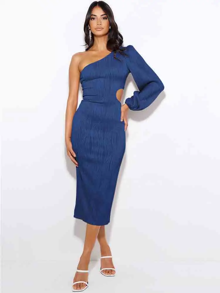 

2023 Autumn Woman Fashion Dress One Shoulder Neck Lantern Sleeve Dress Sexy Hollow Out Dress Skinny Folds Midi Dress Party Club