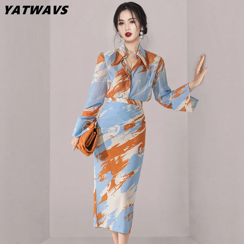 

Print Two Piece Set For Women Fashion Long Sleeve Shirts Top&High Waist Bodycon Pencil Skirt Fall Korean Elegant Simple Suits