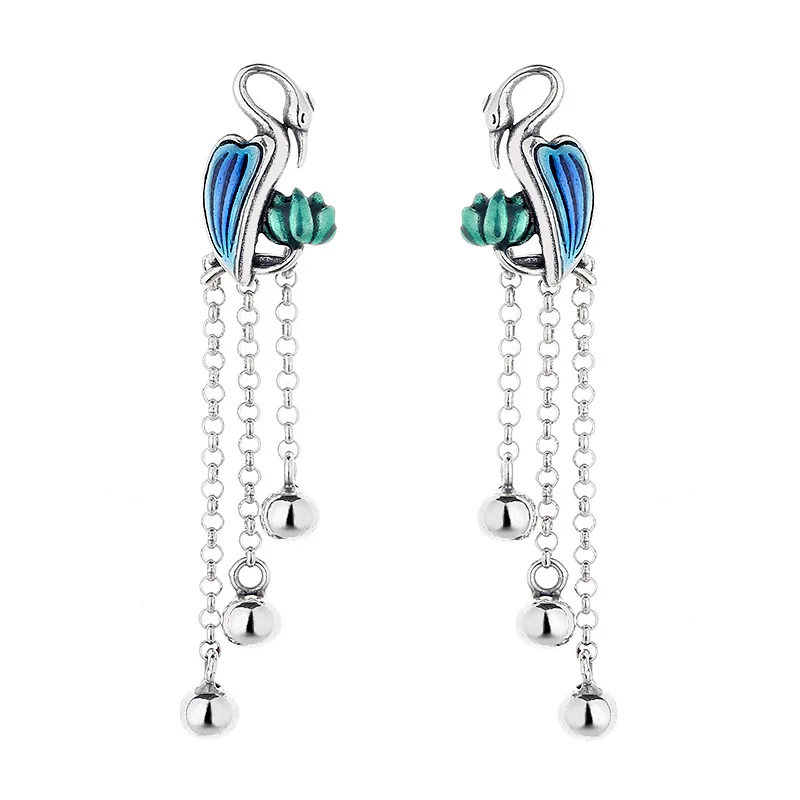 

S925 Sterling Silver Vintage Dropping Glaze Heavy Industry Crane Holding Lotus Creative Ethnic Style Long Earrings