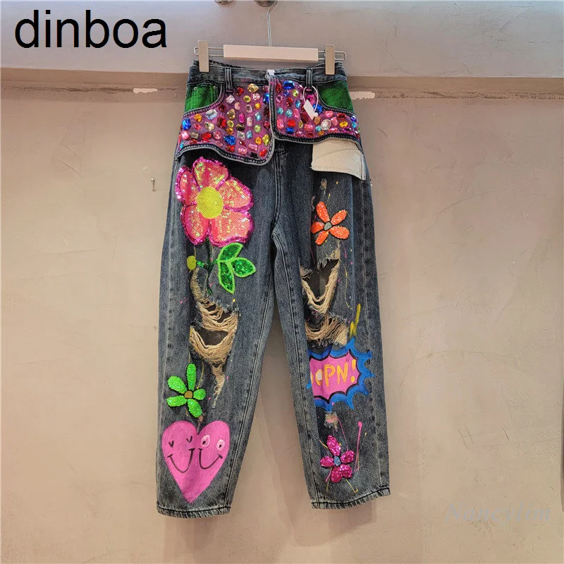 

2023european Street Personalized Jeans Women 2023 Spring and Summer New Beads Ripped Jeans High Waist Loose Straight Denim Pants